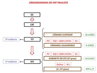 ORGANOGRAMA DO PAT PAULISTA 
CAT 
CÂMARA SUPERIOR 
CÂMARAS JULGADORAS 
GABINETE DO DTJ (2º grau) 
UJ (1º grau) 
TIT 
DTJ 
2ª instância 
1ª instância 
16 JUÍZES 
4 JUÍZES 
DELEGADO 
AFR e JT 
RO ROf > 5000 UFESPs Rt J 
RV ROf ≤ 5000 UFESPs Rt J 
Defesa Rt J 
GS 
 