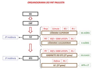 ORGANOGRAMA DO PAT PAULISTA 
CAT 
CÂMARA SUPERIOR 
CÂMARAS JULGADORAS 
GABINETE DO DTJ (2º grau) 
UJ (1º grau) 
TIT 
DTJ 
2ª instância 
1ª instância 
16 JUÍZES 
4 JUÍZES 
DELEGADO 
AFR e JT 
Resp Súmula Rf J Rt J 
RO ROf > 5000 UFESPs Rt J 
RV ROf ≤ 5000 UFESPs Rt J 
Defesa Rt J 
GS 
 