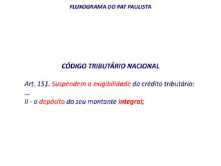 FLUXOGRAMA DO PAT PAULISTA 
CÓDIGO TRIBUTÁRIO NACIONAL 
Art. 151. Suspendem a exigibilidade do crédito tributário: 
... 
II - o depósito do seu montante integral; 
 