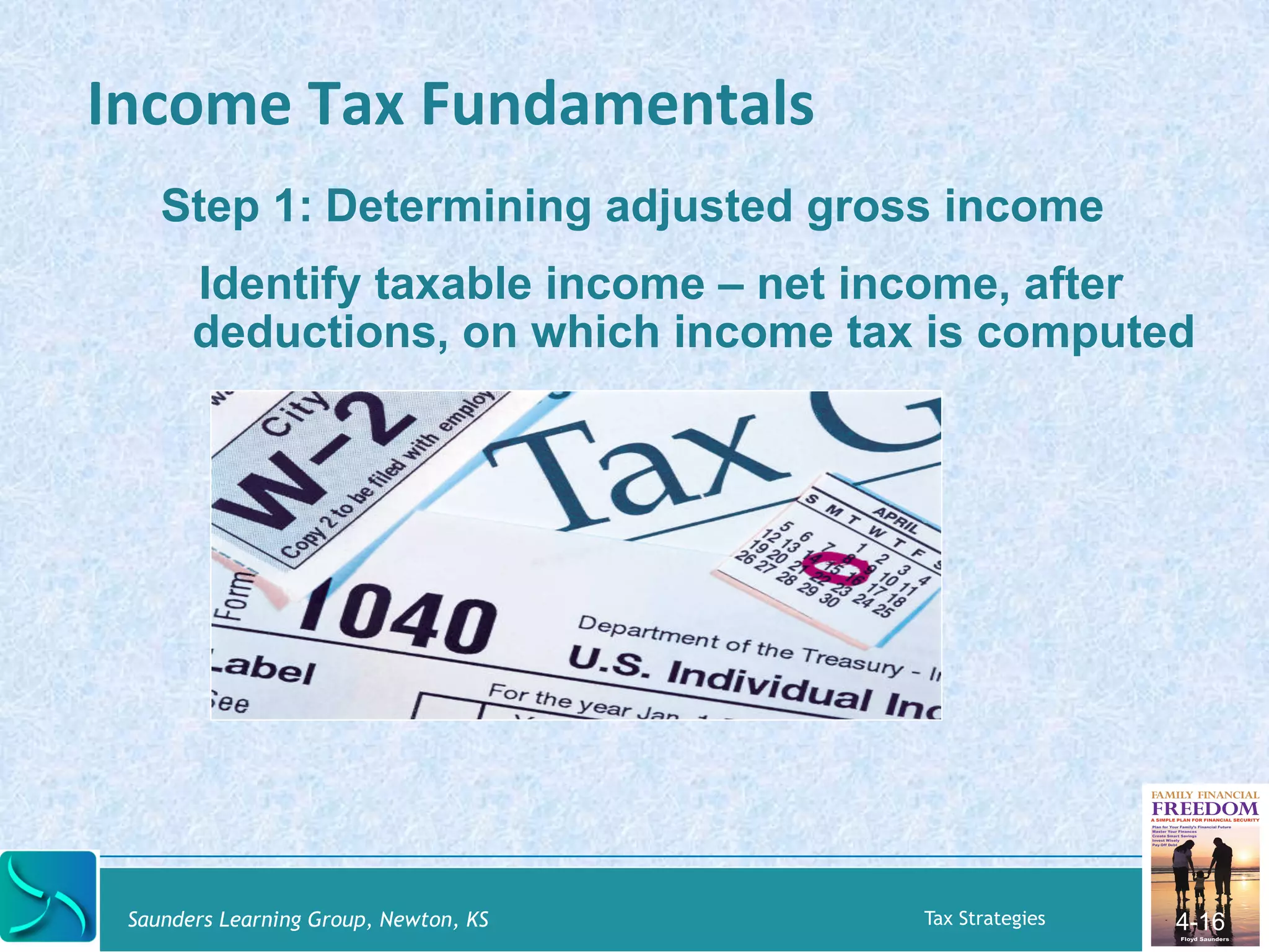Income 
Tax 
Fundamentals 
Step 1: Determining adjusted gross income 
Identify taxable income – net income, after 
deductions, on which income tax is computed 
Saunders Learning Group, Newton, KS Tax Strategies 
4-16 
 
