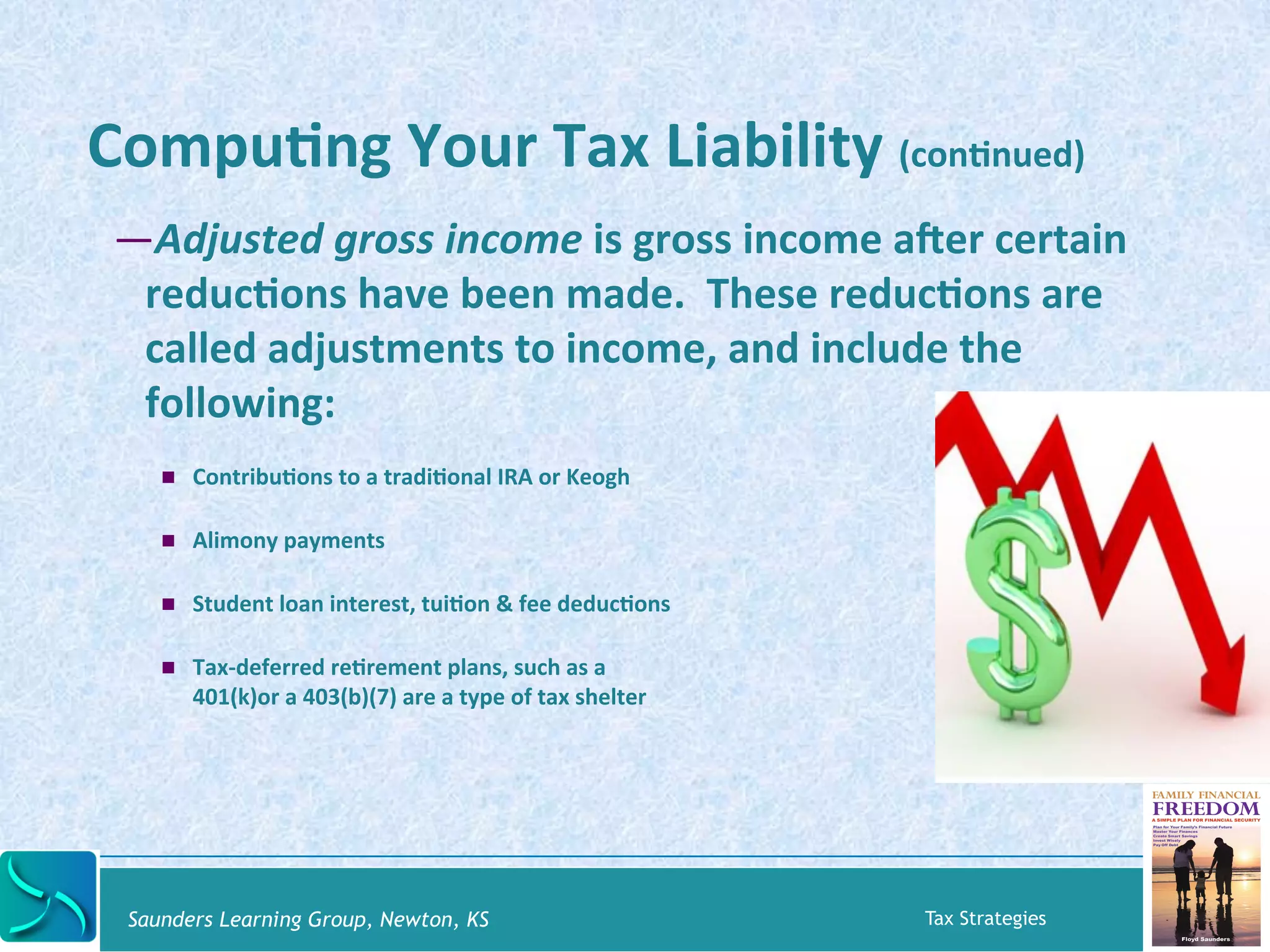 CompuKng 
Your 
Tax 
Liability 
(conKnued) 
— Adjusted 
gross 
income 
is 
gross 
income 
aber 
certain 
reducKons 
have 
been 
made. 
These 
reducKons 
are 
called 
adjustments 
to 
income, 
and 
include 
the 
following: 
! ContribuKons 
to 
a 
tradiKonal 
IRA 
or 
Keogh 
! Alimony 
payments 
! Student 
loan 
interest, 
tuiKon 
& 
fee 
deducKons 
! Tax-­‐deferred 
reKrement 
plans, 
such 
as 
a 
401(k)or 
a 
403(b)(7) 
are 
a 
type 
of 
tax 
shelter 
Saunders Learning Group, Newton, KS Tax Strategies 
 