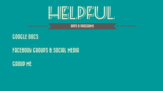 HELPFUL 
GOOGLE DOCS 
FACEBOOK GROUPS & SOCIAL MEDIA 
GROUP ME 
APPS & PROGRAMS 