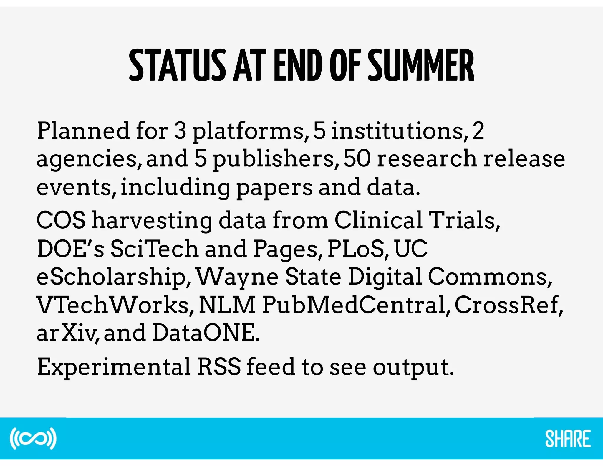 STATUS AT END OF SUMMER 
Planned for 3 platforms, 5 institutions, 2 
agencies, and 5 publishers, 50 research release 
events, including papers and data. 
COS harvesting data from Clinical Trials, 
DOE’s SciTech and Pages, PLoS, UC 
eScholarship, Wayne State Digital Commons, 
VTechWorks, NLM PubMedCentral, CrossRef, 
arXiv, and DataONE. 
Experimental RSS feed to see output. 
 