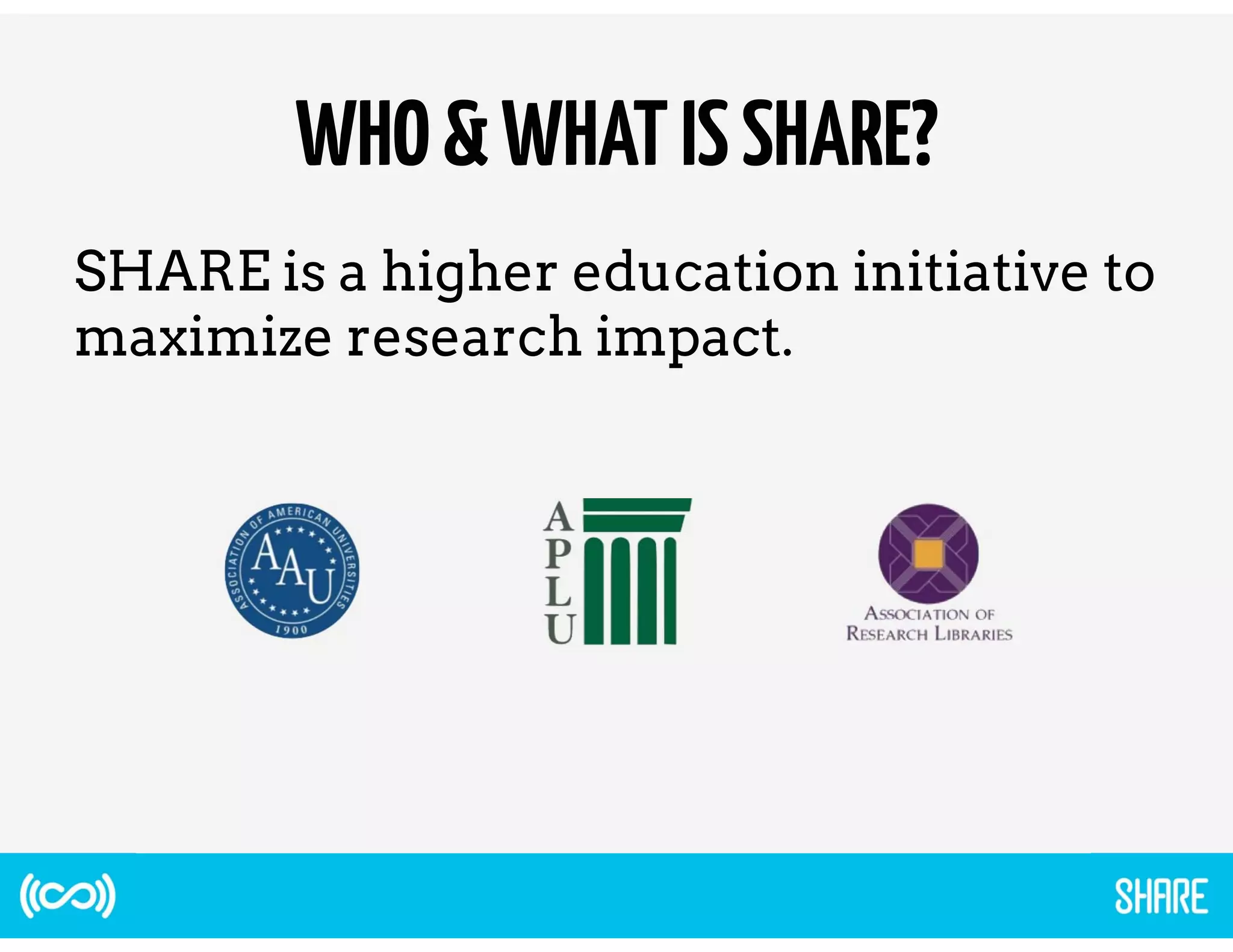 WHO & WHAT IS SHARE? 
SHARE is a higher education initiative to 
maximize research impact. 
 
