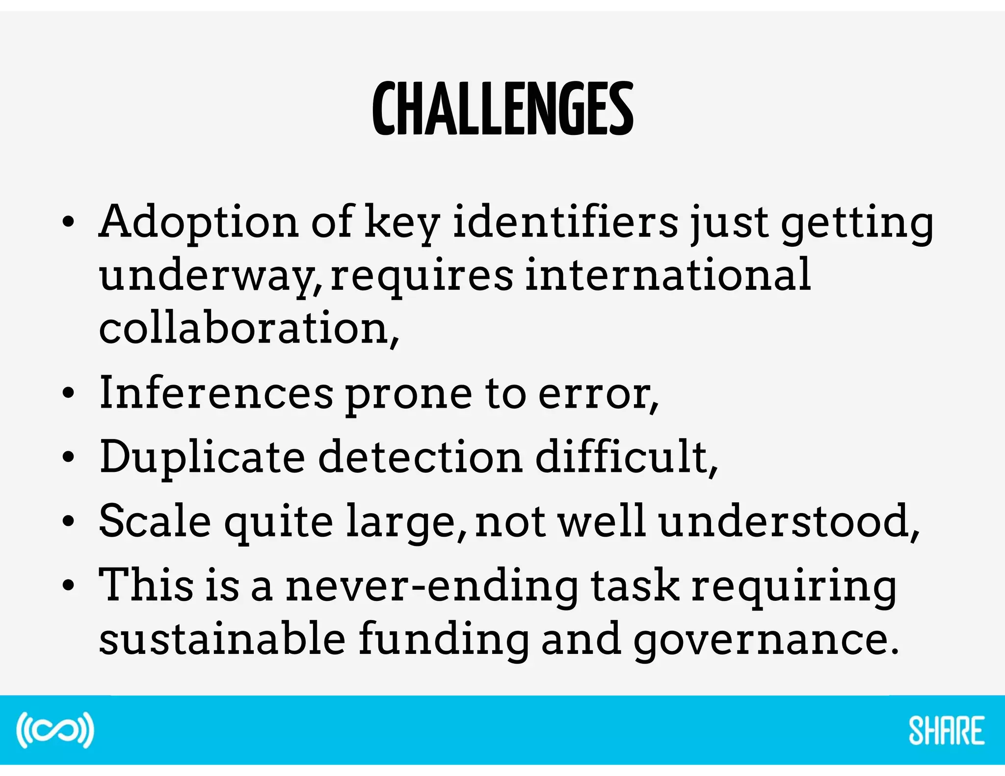 For Systems via Protocol  API For People 
SHARE 
Notification 
Service 
SHARE 
Registry 
SHARE 
Discovery 
timely, structured, 
comprehensive 
organized and 
related source of 
linked data 
searchable and 
friendly 
 
