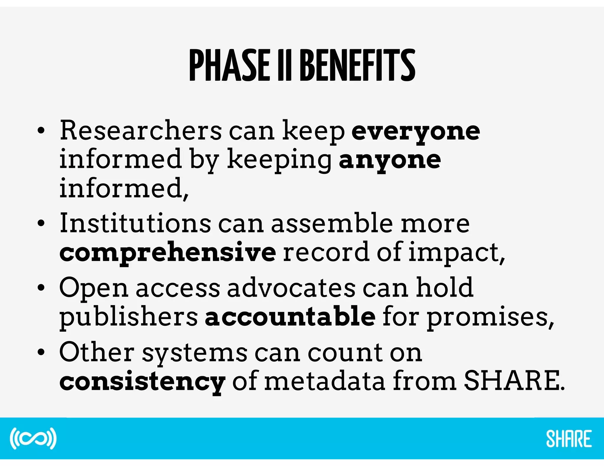 For Systems via Protocol  API For People 
SHARE Notification Service 
including Phase II? 
SHARE 
Discovery 
timely, structured, comprehensive, 
reconciling incoming reports with what 
we already know and can learn from 
other sources 
searchable and 
friendly 
 