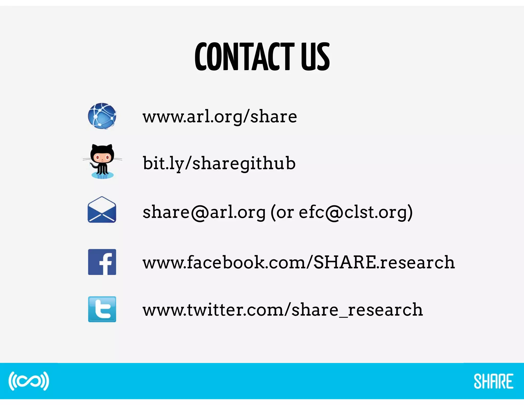OPPORTUNITIES 
• Sign up for monthly SHARE update 
• Subscribe to the RSS feed 
• Join the Beta in 2015 
• Become a prototype participant 
• Look for SHARE enabling guidelines 
 