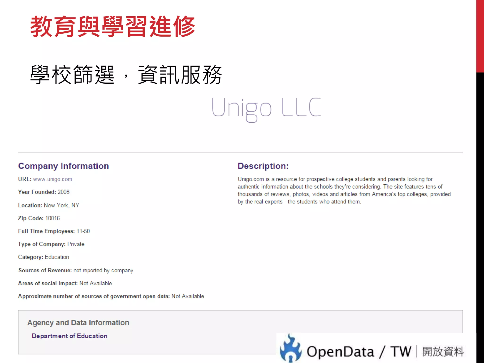 教育與學習進修 
學校篩選，資訊服務 
– 
 