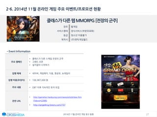 272014년 11월 온라인 게임 광고 동향
2-6. 2014년 11월 온라인 게임 주요 이벤트/프로모션 현황
클래스가다른웹MMORPG[전장의군주]
장르 웹게임
서비스형태 정식서비스(부분유료화)
등급 청소년 이용불가
제작사 (주)엔틱게임월드
•Event Information
주요 캠페인
• 클래스가 다른 스케일 전장의 군주
• 그랜드 오픈
• 설치없이 시작하기
집행 매체 • 네이버, 게임메카, 다음, 짱공유, 뉴데일리
집행 비용(추정치) • 106,987,000 원
주요 내용 • OBT 이후 지속적인 유저 모집
관련 URL
• http://gametoc.hankyung.com/news/articleView.htm
l?idxno=22085
• http://angelling.tistory.com/737
 