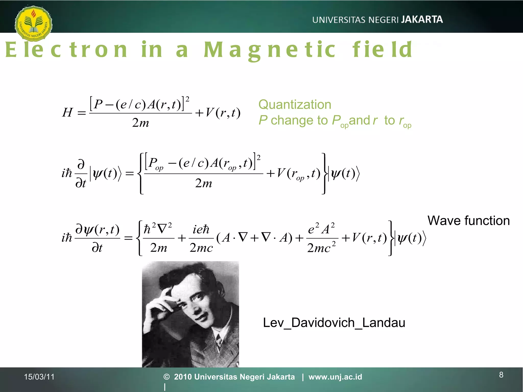 Electron in a Magnetic field 15/03/11 ©  2010 Universitas Negeri Jakarta  |  www.unj.ac.id  | Quantization  P  change to  P op and   r   to  r op Wave function Lev_Davidovich_Landau 