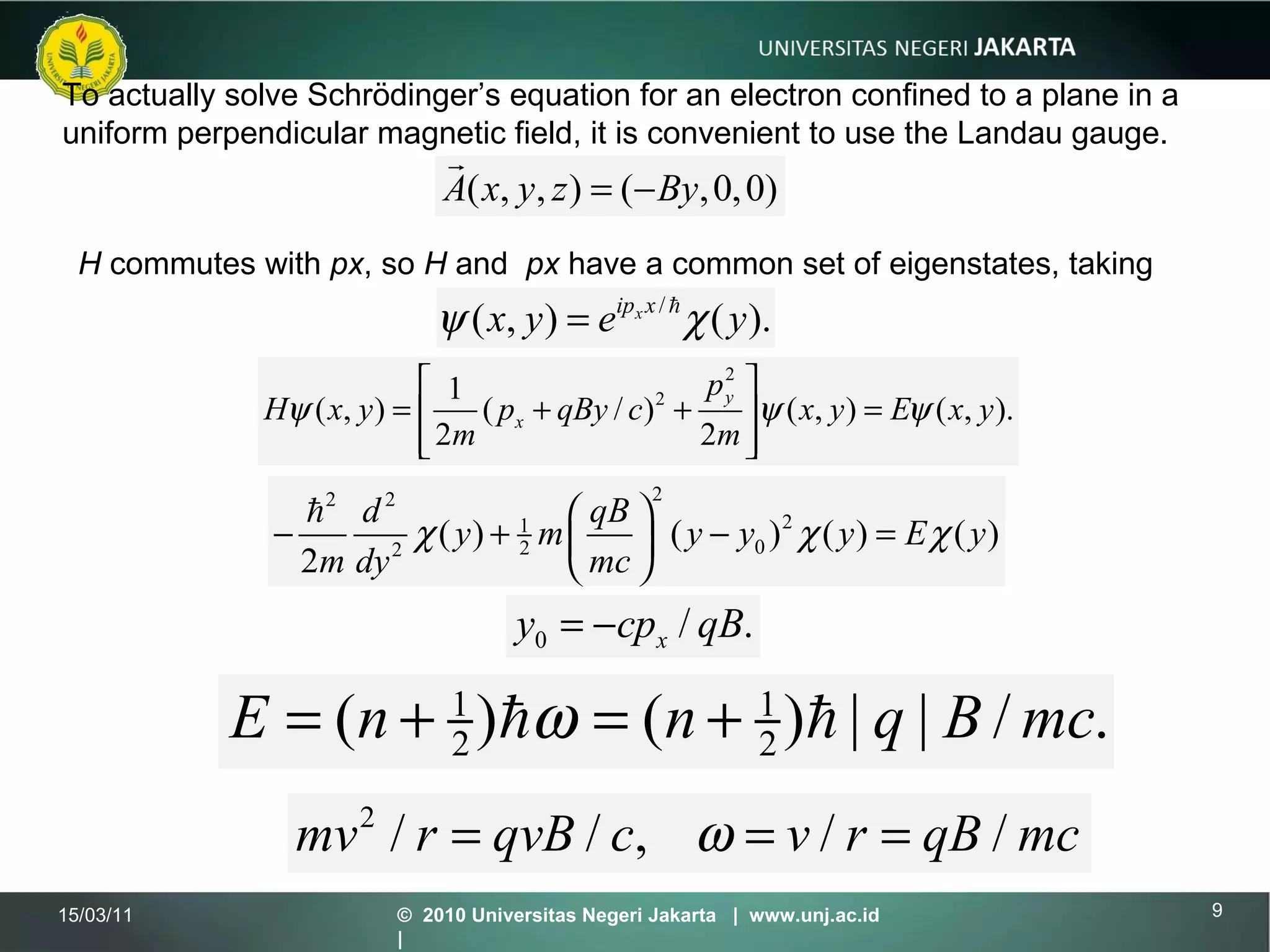 15/03/11 ©  2010 Universitas Negeri Jakarta  |  www.unj.ac.id  | is easy to check that  To actually solve Schrödinger’s equation for an electron confined to a plane in a uniform perpendicular magnetic field, it is convenient to use the Landau gauge. ) . H  commutes with  px , so  H  and  px  have a common set of eigenstates, taking  