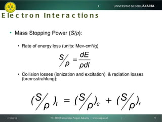 Electron Interactions <ul><ul><li>Mass Stopping Power ( S/  ): </li></ul></ul><ul><ul><ul><li>Rate of energy loss (units:...