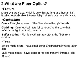 2.What are Fiber Optics?
・Feature
Made by pure glass, which is very thin as long as a human hair.
It called optical cable, it transmit light signals over long distance.
・Contexture
Core - Thin glass center of the fiber where the light travels
Cladding - Outer optical material surrounding the core that
reflects the light back into the core
Buffer coating - Plastic coating that protects the fiber from
outside
・Type
Single-mode fibers - have small cores and transmit infrared laser
light
Multi-mode fibers - have larger cores and transmit infrared light
of LED
 