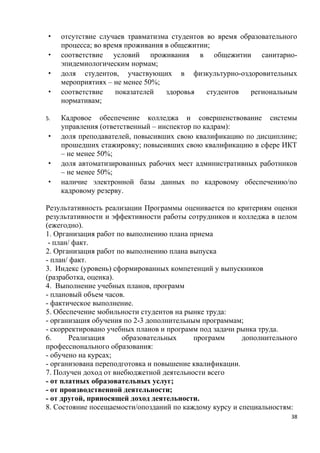 ·    отсутствие случаев травматизма студентов во время образовательного
     процесса; во время проживания в общежитии;
·    соответствие условий проживания в общежитии санитарно-
     эпидемиологическим нормам;
·    доля студентов, участвующих в физкультурно-оздоровительных
     мероприятиях – не менее 50%;
·    соответствие    показателей   здоровья   студентов   региональным
     нормативам;

5.   Кадровое обеспечение колледжа и совершенствование системы
     управления (ответственный – инспектор по кадрам):
·    доля преподавателей, повысивших свою квалификацию по дисциплине;
     прошедших стажировку; повысивших свою квалификацию в сфере ИКТ
     – не менее 50%;
·    доля автоматизированных рабочих мест административных работников
     – не менее 50%;
·    наличие электронной базы данных по кадровому обеспечению/по
     кадровому резерву.

Результативность реализации Программы оценивается по критериям оценки
результативности и эффективности работы сотрудников и колледжа в целом
(ежегодно).
1. Организация работ по выполнению плана приема
 - план/ факт.
2. Организация работ по выполнению плана выпуска
- план/ факт.
3. Индекс (уровень) сформированных компетенций у выпускников
(разработка, оценка).
4. Выполнение учебных планов, программ
- плановый объем часов.
- фактическое выполнение.
5. Обеспечение мобильности студентов на рынке труда:
- организация обучения по 2-3 дополнительным программам;
- скорректировано учебных планов и программ под задачи рынка труда.
6.      Реализация    образовательных      программ     дополнительного
профессионального образования:
- обучено на курсах;
- организована переподготовка и повышение квалификации.
7. Получен доход от внебюджетной деятельности всего
- от платных образовательных услуг;
- от производственной деятельности;
- от другой, приносящей доход деятельности.
8. Состояние посещаемости/опозданий по каждому курсу и специальностям:
                                                                     38
 