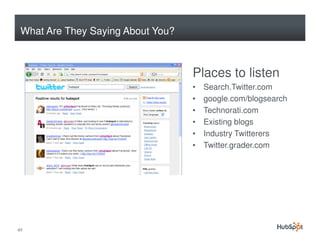 What Are They Saying About You?



                                   Places to listen
                                   •   Search.Twitter.com
                                   •   google.com/blogsearch
                                   •   Technorati.com
                                   •   Existing blogs
                                   •   Industry Twitterers
                                   •   Twitter.grader.com




42
 
