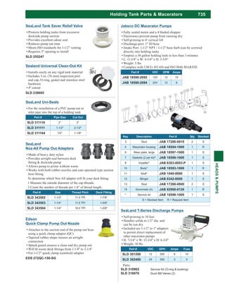 735
HEADS&PUMPS
Holding Tank Parts & Macerators
SeaLand
Noz-All Pump Out Adapters
Made of heavy duty nylon
Provides airtight seal between deck
Allows pump to prime without waste
Works with both rubber nozzles and cam operated type suction
1 Measure the outside diameter of the cap threads.
2 Count the number of threads per 1/4" of thread length.
Part # Size Thread Pitch Deck Fitting
SLD 343502 1-1/2" 11.5 TPI 1-7/8"
SLD 343503 1-1/4" 11.5 TPI 1-5/8"
SLD 343504 1-1/4" 16.0 TPI 1-5/8"
Jabsco DC Macerator Pumps
Fully sealed motor and a 4 bladed chopper
Electronics prevent pump from running dry
Self-priming to 4' vertical lift
Discharge port: 1" ID hose
Intake Port: 1-1/2" NPT / 1-1/2" hose barb (can be screwed
directly into holding tank)
Empties a 30 gallon holding tank in less than 3 minutes
L: 11-3/8" x W: 4-3/4" x H: 3-5/8"
Weight: 5 lbs
Complies with USCG 183.410 and ISO 8846 MARINE
Part # VDC GPM Amps
JAB 18590-2092 12V 12 15
JAB 18590-2094 24V 12 8
Key Description Part # Qty Stocked
3 Stud JAB 17288-0010 2 S
4 Macerator housing JAB 18594-1000 1 R
6 Wear plate, large JAB 18597-1000 1 S
7 Gaskets (2 per kit)* JAB 18596-1000 1 S
8 Impeller* JAB 6303-0003-P 1 S
10 Body* JAB 18593-1000 1 R
11 Seal* JAB 1040-0000 1 S
12 Slinger JAB 6342-0000 1 S
13 Stud JAB 17288-0000 2 S
15 Grommets (4) JAB 92900-0120 1 R
* Service kit JAB 18598-1000 1 S
S = Stocked Item R = Request Item
SeaLand Tank Saver Relief Valve
Protects holding tanks from excessive
dockside pump suction
Provides excellent odour seal
Reduces pump out time
Meets ISO standards for 1-1/2" venting
Requires 3" opening to install
SLD 255247
SeaLand Uni-Seals
For the installation of a PVC pump out or
inlet pipe into the top of a holding tank
Part # Pipe Size Cut Out
SLD 311110 2" 3"
SLD 311111 1-1/2" 2-1/2"
SLD 311164 1/2" 1-1/8"
Edson
Quick Clamp Pump Out Nozzle
Attaches to the suction end of the pump out hose
using a quick clamp adapter (QC)
Tapered rubber shape insures an airtight
connection
Splash guard ensures a clean and dry pump out
For 1-1/2" quick clamp (camlock) adapter
EDS 272QC-150-SG
Sealand Universal Clean-Out Kit
Installs easily on any rigid tank material
Includes 3-in. (76 mm) inspection port
and cap, O-ring, gasket and stainless steel
hardware
4" cutout
SLD 238685
SeaLand T-Series Discharge Pumps
Self-priming to 10 feet
Handles solids to 1/2" dia. and
can be run dry
Included are 1-1/2" to 1" adapters
to permit direct replacement of
other macerator pumps
H: 7-3/4" x W: 13-3/4" x D: 6-3/4"
Weight: 10 lbs
Part # VDC GPH Amps Fuse
SLD 301200 12 300 6 10
SLD 302400 24 300 3 5
Parts:
SLD 310902 Service Kit (O-ring & bushing)
SLD 310076 Duck Bill Valves (2)
 