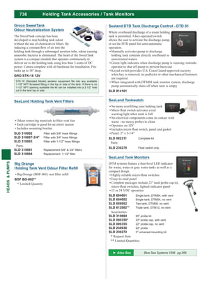 736
HEADS&PUMPS
Holding Tank Accessories / Tank Monitors
SeaLand Tank Monitors
DTM systems feature a four-level LED indicator
for waste, water or gray water tanks as well as a
compact design
Easy-to-read panel
Complete packages include 22" tank probe cap (s),
12 or 24 VDC operation
SLD 604001 Single tank, DTM04, with vent
SLD 604002 Single tank, DTM04, no vent
SLD 608002 Two tank, DTM08, no vent
SLD 612002** Triple tank, DTM12, no vent
Accessories:
SLD 310684 45” probe kit
SLD 000350* 22" probe cap, with vent
SLD 000355 22" probe cap, no vent
SLD 230930 22" probe
SLD 230272 3" universal mounting kit
* Request Item
** Limited Quantities
Groco SweetTank
Odour Neutralization System
The SweetTank concept has been
developed to stop holding tank odour
holding tank through a submerged aeration tube, odour causing
anaerobic bacteria is eliminated. The heart of the SweetTank
system is a compact module that operates continuously to
deliver air to the holding tank using less than 3-watts of DC
power. Comes complete with all hardware for installation. Fits
tanks up to 18" deep.
GRO STK-18 12V
1-1/2" NPT opening available the kit can be installed into a 2-1/2" hole
cut in the tank top or side.
SeaLand Holding Tank Vent Filters
Each cartridge is good for an entire season
Includes mounting bracket
SLD 310002
SLD 310007-3/4"
SLD 310003
Parts:
SLD 310001
SLD 310004
Blue Sea Systems VSM pg 259
SeaLand Tankwatch
warning light when tank is full
No electrical components come in contact with
waste - no messy probes to clean
Operates on 12V
Panel: 2" x 3-1/4"
SLD 002311 Complete kit
Parts:
SLD 230278 Float switch only
Sealand DTD Tank Discharge Control - DTD 01
Where overboard discharge of a waste holding
tank is permitted. A key-operated switch
allows the user to activate the discharge pump,
or set the DTD panel for semi-automatic
operation.
Manually activates pump to discharge
holding tank contents directly overboard in
unrestricted waters
operator to shut off pump to prevent burn-out
Keyed switch provides U.S. Coast Guard-approved security
are required
When integrated with DTM04 tank monitor system, discharge
pump automatically shuts off when tank is empty
SLD 814101
Big Orange
BOF BO-002**
** Limited Quantity
 