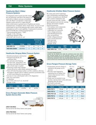 752
HEADS&PUMPS
Groco Paragon Pressure Storage Tanks
A pneumatic pressure charge is
matched to the pumps cut on
pressure
Prevents water logging by
separating the air charge from
system water pressure with a
rubber bladder
Tanks may be mounted in any
position, and anywhere in the cold water
plumbing after the pump
For fresh or salt water
Mount hardware is included
Part # Capacity Dia Length Inlet Mount
GRO PST-1 1.00 gal 8" 12" 3/4" Strap
GRO PST-2 1.25 gal 12" 14" 3/4" Strap
GRO PST-3A 2.70 gal 15.5" 19.25" 1" Stand
GRO PST-4 4.59 gal 15" 24" 1" Stand
GRO PST-5 6.40 gal 15" 32" 1" Stand
PST-1 & 2 PST-3A, 4 & 5
Headhunter Mach 5 Water
Pressure Systems
An integrated control system provides instant
dry run protection, and allows the pump to be
used with or without a pressure accumulator
tank. The Mach 5 incorporates a multi-stage
water-cooled motor to generate up to 20 gallons per minute,
instantaneously, on demand, and in virtual silence. An easy to read
control panel on top of the pump provides instant visible status
information as well as reset capability. Constructed of corrosion
proof UL94 HB glass reinforced polypropylene.
Suction/discharge ports: 1" MPT
Weight: 23 lbs. (10.4 kg)
Maximum shutoff: 67 PSI
W: 8-5/8" x H: 13-1/4" x L: 18"
Part # Voltage Amps
Discharge PSI
30 40 50
Flow in GPM
HED M5-115 115V/60hz 8 16 12 8
HED M5-230/60 230V/60hz 4 16 12 8
Groco Paragon Automatic Water Pressure
System Service Kits
GRO PJR-REG
Service kit for the Groco Junior series pump
GRO PSR-REG
Service kit for the Groco Senior series pump
Water Systems
Headhunter Stingray Water Pressure System
Reinforced polymer construction
continuous duty
live bait wells, aquaculture, and
salt or fresh water is needed
Featuring a multi-stage impeller
system driven by a quiet totally enclosed fan motor
the pump to operate with or without a pressure accumulator tank
as well as providing dry-run protection
An easy to view control panel with L.E.D. diagnostics
Dry run visual alarm
9 amp draw
H: 12-7/8" x W: 8-1/2" x L: 16-15/16"
Weight: 24 lbs
Part # Volts
Open
Flow PSI On
HED SR115 115 20 GPM 67 40 PSI
Headhunter XCaliber Water Pressure System
DC motor and control technology
with a self-priming centrifugal pump.
A built in microprocessor interfaced
with a ceramic temperature and
pressure sensor provides variable
speed operation, prevents dry running
damage and ensures complete
electrical protection.
316 stainless steel components
Adjustable power setting
Adjustable cut in pressure
Over voltage protection
Dry run protection
Under voltage protection
Over current protection
Soft start/stop
Variable speed
Weight: 16 lbs
Part # Volts
Open
Flow PSI On
HED XRS-124 12/24 10 GPM 67 40 PSI
Innovative Rotating Bracket:
Loosen the top bracket and rotate the cylindrical pump body within
the mounting bracket the to the horizontal, vertical, or even angled
planes while maintaining inlet and discharge piping alignment. A unique
interlocking mechanism within the mounting bracket secures the pump
body to prevent any movement within the two halves of the bracket.
 