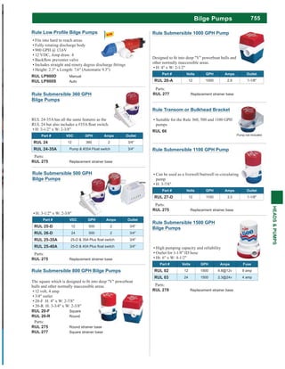 755
HEADS&PUMPS
Bilge Pumps
Rule Submersible 800 GPH Bilge Pumps
hulls and other normally inaccessible areas.
12 volt, 4 amp
3/4" outlet
20-F H: 4" x W: 2-7/8"
20-R H: 3-3/4" x W: 2-3/8"
RUL 20-F Square
RUL 20-R Round
Parts:
RUL 275 Round strainer base
RUL 277 Square strainer base
Rule Transom or Bulkhead Bracket
Suitable for the Rule 360, 500 and 1100 GPH
pumps
RUL 66
Pump not included
Rule Submersible 1000 GPH Pump
other normally inaccessible areas.
H: 4" x W: 2-1/2"
Part # Volts GPH Amps Outlet
RUL 20-A 12 1000 2.9 1-1/8"
Parts:
RUL 277 Replacement strainer base
Rule Submersible 1100 GPH Pump
Can be used as a livewell/baitweIl re-circulating
pump
H: 3-7/8"
Part # Volts GPH Amps Outlet
RUL 27-D 12 1100 3.3 1-1/8"
Parts:
RUL 275 Replacement strainer base
Rule Submersible 1500 GPH
Bilge Pumps
High pumping capacity and reliability
Outlet for 1-1/8" ID hose
Ht: 6" x W: 4-1/2"
Part # Volts GPH Amps Fuse
RUL 02 12 1500 4.8@12v 9 amp
RUL 03 24 1500 2.3@24v 4 amp
Parts:
RUL 278 Replacement strainer base
Rule Submersible 500 GPH
Bilge Pumps
H: 3-1/2" x W: 2-3/8"
Part # VDC GPH Amps Outlet
RUL 25-D 12 500 2 3/4"
RUL 26-D 24 500 2 3/4"
RUL 25-35A 3/4"
RUL 25-40A 3/4"
Parts:
RUL 275 Replacement strainer base
Rule Submersible 360 GPH
Bilge Pumps
RUL 24-35A has all the same features as the
H: 3-1/2" x W: 2-3/8"
Part # VDC GPH Amps Outlet
RUL 24 12 360 2 3/4"
RUL 24-35A Pump & #35A Float switch 3/4"
Parts:
RUL 275 Replacement strainer base
Fits into hard to reach areas
Fully rotating discharge body
900 GPH @ 13.6V
12 VDC, Amp draw: 4
Height: 2.3" x Length: 7.6" (Automatic 9.3")
RUL LP900D Manual
RUL LP900S Auto
 