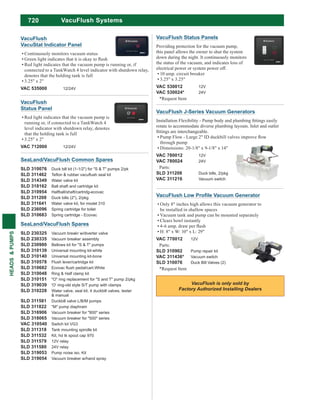 720
HEADS&PUMPS
VacuFlush Systems
VacuFlush J-Series Vacuum Generators
rotate to accommodate diverse plumbing layouts. Inlet and outlet
through pump
Dimensions: 20-1/8" x 9-1/8" x 14"
VAC 780012 12V
VAC 780024 24V
Parts:
SLD 311208 Duck bills, 2/pkg
VAC 311216 Vacuum switch
VacuFlush
Only 8" inches high allows this vacuum generator to
be installed in shallow spaces
Vacuum tank and pump can be mounted separately
Clears bowl instantly
H: 8" x W: 10" x L: 29"
VAC 770012 12V
Parts:
SLD 310902 Pump repair kit
VAC 311436* Vacuum switch
SLD 310076 Duck Bill Valves (2)
*Request Item
SeaLand/VacuFlush Common Spares
SLD 310076 Duck bill kit (1-1/2") for "S & T" pumps 2/pk
SLD 311462
SLD 314349 Water valve kit
SLD 318162 Ball shaft and cartridge kit
SLD 310954 Halfball/shaft/cartridg-ecovac
SLD 311208 Duck bills (2"), 2/pkg
SLD 311641 Water valve kit, for model 310
SLD 236096 Spring cartridge for toilet
SLD 310683 Spring cartridge - Ecovac
SeaLand/VacuFlush Spares
SLD 230325 Vacuum breakr w/diverter valve
SLD 230335 Vacuum breaker assembly
SLD 230980 Bellows kit for "S & T" pumps
SLD 310139 Universal mounting kit-white
SLD 310140 Universal mounting kit-bone
SLD 310578 Flush lever/cartridge kit
SLD 310682
SLD 310048 Ring & Half clamp kit
SLD 310151 "O" ring replacement for "S and T" pump 2/pkg
SLD 319039 'O' ring-old style S/T pump with clamps
SLD 310228 Water valve, seal kit, 4 duckbill valves, tester
& manual
SLD 311581 Duckbill valve L/B/M pumps
SLD 311822 "M" pump diaphram
SLD 316906 Vacuum breaker for "800" series
SLD 318065 Vacuum breaker for "500" series
VAC 310540 Switch kit VG3
SLD 311318 Tank mounting spindle kit
SLD 311532 Kit, hd tk spout cap 970
SLD 311579 12V relay
SLD 311580 24V relay
SLD 319053 Pump noise iso. Kit
SLD 319054 Vacuum breaker w/hand spray
VacuFlush Status Panels
Providing protection for the vacuum pump,
this panel allows the owner to shut the system
down during the night. It continuously monitors
the status of the vacuum, and indicates loss of
electrical power or system power off.
10 amp. circuit breaker
3.25" x 3.25"
VAC 530012 12V
VAC 530024* 24V
*Request Item
VacuFlush
VacuStat Indicator Panel
Continuously monitors vacuum status
Red light indicates that the vacuum pump is running or, if
connected to a TankWatch 4 level indicator with shutdown relay,
denotes that the holding tank is full
3.25" x 2"
VAC 535000 12/24V
VacuFlush
Status Panel
Red light indicates that the vacuum pump is
running or, if connected to a TankWatch 4
level indicator with shutdown relay, denotes
that the holding tank is full
3.25" x 2"
VAC 712000 12/24V
 