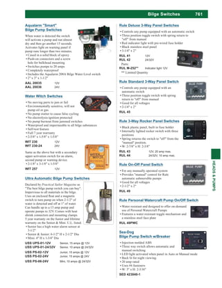 761
HEADS&PUMPS
Bilge Switches
Water Witch Switches
No moving parts to jam or fail
Environmentally sensitive, will not
pump oil or gas
No pump stutter to cause false cycling
No electrolysis-ignition protected
No pump burnout from jammed switches
Waterproof and impermeable to all bilge substances
Self-test feature
Full 7 year warranty
2-5/8" x 1-5/8" x 1-5/8"
WIT 230 12V
WIT 230-24 24V
Same as the above but with a secondary
upper activation switch for an alarm,
second pump or warning device.
2-1/8" x 3-1/8" x 1-5/8"
WIT 257 12V
Rule 3-Way Rocker Panel Switches
Black plastic panel, built in fuse holder
Internally lighted rocker switch with three
positions
Spring returns the switch to "off" from the
"manual" position.
W: 2-7/8" x H: 2-3/8"
RUL 43 12V, 20 amp max.
RUL 44 24/32V, 10 amp max.
Rule Standard 3-Way Panel Switch
Controls any pump equipped with an
automatic switch
Three position toggle switch with spring
return to "off" from manual
Good for all voltages
2-1/4" x 2"
RUL 45
Rule Personal Watercraft Pump On/Off Switch
Water resistant and designed to offer on-demand
use of Personal Watercraft Pumps
Features a water resistant toggle mechanism and
a stainless steel face plate
RUL 49PWC
Rule On-Off Panel Switch
For any manually operated system
Provides "manual" control for Rule
automatic submersible pumps
Good for all voltages
2-1/2" x 2"
RUL 49
Sea-Dog
Bilge Pump Switch w/Breaker
Injection molded ABS
Three way switch allows automatic and
manual switching
LED light activated when panel in Auto or Manual mode
Back lit for night viewing.
20 amp rated
Uses #6 fasteners
W: 3" x H: 2-3/16"
SED 423040-1
Ultra Automatic Bilge Pump Switches
Declared by as
"The best bilge pump switch you can buy".
Impervious to all materials in the bilge.
switch to turn pump on when 2-1/2" of
water is detected and off at 1" of water.
Can handle up to a 15 amp pump and
operate pumps to 32V. Comes with heat
shrink connectors and mounting clamps.
5 year warranty on the Junior and lifetime
warranty on the Senior & Mini. U.L. listed.
Senior has a high water alarm sensor at
3-1/2"
Senior & Junior: 6-1/2" H x 2-1/2" Dia
Mini: 4" H x 1-3/4" Dia
USS UPS-01-12V Senior, 15 amps @ 12V
USS UPS-01-24/32V Senior, 10 amps @ 24/32V
USS PS-02-12V Junior, 15 amps @ 12V
USS PS-02-24V Junior, 15 amps @ 24V
USS PS-06-24V Mini, 10 amps @ 24/32V
Aqualarm "Smart"
Bilge Pump Switches
When water is detected the switch
will activate a pump and run almost
dry and then go another 15 seconds.
Activates light on warning panel if
pump runs longer than two minutes.
Cased in a solid block of epoxy
Push-on connectors and a screw
hole for bulkhead mounting
Switches pumps to 20 amps
Completely waterproof
Includes the Aqualarm 208A Bilge Water Level switch
2" x 3" x 1-1/2"
AAL 20035 12V
AAL 20036 24V
Rule Deluxe 3-Way Panel Switches
Controls any pump equipped with an automatic switch
Three position toggle switch with spring return to
"off" from manual
Red indicator light with pre-wired fuse holder
Black stainless steel panel
3-1/4" x 2"
RUL 41 12V
RUL 42 24/32V
Parts:
RUL M-252** Indicator light 12V
** Limited Quantity
 