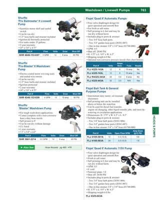 763
HEADS&PUMPS
Washdown / Livewell Pumps
'Blaster' Washdown Pump
For tough wash down applications
Comes complete with a non-corrosive
heavy-duty hose nozzle
Self primes to 8'
Can be run dry without damage
UL listed
1 year warranty
7.3" x 5.0" x 4.6"
Part # Flow Volts Draw Shut Off
SHR 3901-2214 3.5 GPM 12 9 amp 45 PSI
Flojet Bait Tank & General
Purpose Pumps
Intermittant duty motor, oil resistant
elastomers
Self priming and can be installed
above or below the waterline
Can be used for diesel fuel transfer,
engine oil changing, other liquid transfer jobs, and most de-
watering or circulation applications
Dimensions: H: 3.75" x W: 6.3" x L: 8.2"
Includes plug-in ports & strainer:
- Two 3/4" hose barb ports (20381-006)
- Two 3/4" garden hose ports (20381-007)
- One in-line strainer 3/4" x 3/4" hose (01740-000)
Part # Volts Open Flow GPM
Amp Draw
@10 PSl
FLJ 4105-501A 12 3.3 (12.5) 3.6
FLJ 4105-503A 24 3.3 (12.5) 1.8
Flojet 'Quad II' Automatic Pumps
Four valve diaphragm design for
For fresh or salt water
Self priming to 6 feet and may be
run dry without harm
Includes plug-in ports & strainer:
- Two 3/4" hose barb ports
- Two 3/4" garden hose ports (20381-007)
- One in-line strainer 3/4" x 3/4" hose (01740-000)
GPM: 4.5
Shut off: 20/40 PSI
H: 3.75" x L: 9.9" x W: 6.3"
Shipping weight 6.0 lbs
Optional non-corrosive pressure nozzle (See chart below).
Part # Volts
Amps
Nom. Fuse Nozzle
FLJ 4325-143A 12 6 15 amp No
FLJ 4325-143L 12 6 15 amp Yes
FLJ R4325-343A 24 3.0 6 amp No
FLJ 4325-443A 32 2.0 N/A Yes
'Pro-Blaster' II Washdown
Pump
Electro-coated motor w/o-ring seals
and sealed wire entries
Can be run dry
1/2" hose barbs and strainer included
Ignition protected
2 year warranty
10" x 5.0" x 4.75"
Part # Flow Volts Draw Shut Off
SHR 4248-153-E09 4 GPM 12 10 amp 60 PSI
'Pro Baitmaster' II Livewell
Pump
Seamless motor shell and sealed
switch
Can be run dry
1/2" hose barbs and strainer included
Ignition & thermally protected
For tanks under 35 gallons
2 year warranty
10" x 5.0" x 4.75"
Part # Flow Volts Draw Shut Off
SHR 4648-153-E07 4 GPM 12 8 amp 45 PSI
Flojet 'Quad II' Automatic 115V Pump
Four valve diaphragm design for
Fresh or salt water
Self priming to 6 feet and may be
run dry without harm
GPM: 4.5
6' cord
Nominal amps: 1.0
Shut off: 20/40 PSI
Includes plug-in ports & strainer:
- Two 3/4" hose barb ports (20381-006)
- Two 3/4" garden hose ports (20381-007)
- One in-line strainer 3/4" x 3/4" hose (01740-000)
H: 3.75" x L: 9.9" x W: 6.3"
Shipping weight 6.0 lbs
FLJ 4325-043A
Hose Nozzels pg 485 - 476
 