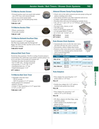 765
HEADS&PUMPS
Aerator Heads / Bait Timers / Shower Drain Systems
Install on standard 1-1/8" through hulls.
off for easy cleaning.
THM AFD-118-DP
T-H Marine Aerator Filter
Plastic construction
Externally installed
THM AF-1-DP
T-H Marine Bait Tank Timer
Adjustable solid state timer:
- ON 45 seconds
- OFF 45 seconds to 5-1/2" minutes
Fully potted to be waterproof
Rated to 10 amps
Cutout: 3" dia. round hole or 2-1/2" square hole
3-1/4" x 3-1/4" x D: 3"
THM AAC-1-DP
Attwood Bait Tank Timer
Switch has three positions: On/off or cycling of aerator pump to
extend battery life. Solid-state cycle module switches pump to on,
or to a run time of 30 seconds on/3 minutes off.
Includes face plate for panel mounting
For 12 VDC only., 10 amps maximum
Overall dim: L: 1-1/4" x W: 1-1/4"
Installation hole size: 1/2" dia
Depth behind panel: 3-1/4"
ATT 14292-3
Rule Shower Drain Systems
Automatically turns on after the water starts,
and shuts off when the water is removed
Features a clear screw-down cover, removable
strainer for easy cleaning and an internal check
Discharge size: 3/4"
Part # Description Inlet Size
RUL 97-A
500 GPH
Single 12V
1-1/2" 8-1/4x9-1/2x5-1/2
RUL 98-A
800 GPH
Multi 12V
3/4",1",1-1/8",1-1/2"
8-1/4x11-1/4x5-1/2
RUL 98A-24
800 GPH
Multi 24V
3/4",1",1-1/8",1-1/2"
8-1/4x11-1/4x5-1/2
T-H Marine Aerator Screen
Formed stainless steel wire mesh cloth molded
into a PVC base with internal threads
Use on any aerator pump intake
Simply screws onto threaded pump intake
Thread: 3/4"-14
THM AS-1-DP
Attwood Shower Sump Pump Systems
Check valve in the outlet connector prevents pump cycling and
reduces standing water odour
Compact, high-impact plastic housing
Provides three inlet sizes for hooking up multiple drains
3/4", 3/4" or 1", and 1-1/8" or 1-1/2" ID hose, and an outlet for
3/4" ID hose
For boat's sinks, shower, or tub
750 GPH pump
Float switch engages pump at 2"
12 volt model draws 2.5 amps
H: 4-7/16" x W: 7-23/64" x L: 13"
ATT 4143-4 12VDC
ATT 4144-1 24VDC
Rule Adapters
Hose adapter for converting the 1-1/2"
pump outlet to 1-1/8" hose
RUL 67
Garden hose adapter for 1-1/8" outlet to
standard male garden hose thread
RUL 68
Hose adapter for converting 1-1/8"
outlet to 3/4" or 5/8" ID hose
RUL 69
90o elbow adapters for Rule bilge, sump
and utility pumps
Allows pumps to be attached to rigid
piping systems
Snaps onto discharge port
Part # Outlet Size N.P.T.
RUL 57 1-1/8" 1"
RUL 58 1-1/2" 1-1/4"
58
57
68
69
67
 