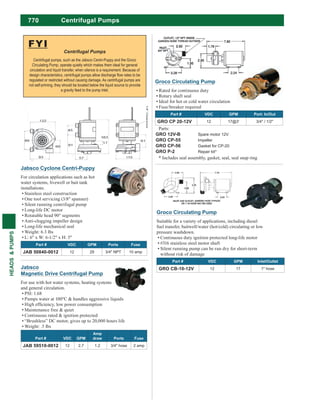 770
HEADS&PUMPS
Centrifugal Pumps
Jabsco Cyclone Centri-Puppy
For circulation applications such as hot
water systems, livewell or bait tank
installations.
Stainless steel construction
One tool servicing (3/8" spanner)
Silent running centrifugal pump
Long-life DC motor
Rotatable head 90° segments
Anti-clogging impeller design
Long-life mechanical seal
Weight: 6.3 lbs
L: 6" x W: 6-1/2" x H: 5"
Part # VDC GPM Ports Fuse
JAB 50840-0012 12 29 3/4" NPT 10 amp
Jabsco
Magnetic Drive Centrifugal Pump
For use with hot water systems, heating systems
and general circulation.
PSI: 1.68
Maintenance free & quiet
Continuous rated & ignition protected
“Brushless” DC motor, gives up to 20,000 hours life
Weight: .5 lbs
Part # VDC GPM
Amp
draw Ports Fuse
JAB 59510-0012 12 2.7 1.2 3/4" hose 2 amp
FYI
Centrifugal pumps, such as the Jabsco Centri-Puppy and the Groco
Circulating Pump, operate quietly which makes them ideal for general
circulation and liquid transfer, when silence is a requirement. Because of
regulated or restricted without causing damage. As centrifugal pumps are
not self-priming, they should be located below the liquid source to provide
a gravity feed to the pump inlet.
Groco Circulating Pump
Suitable for a variety of applications, including diesel
fuel transfer, baitwell/water (hot/cold) circulating or low
pressure washdown.
Continuous duty ignition protected long-life motor
#316 stainless steel motor shaft
Silent running pump can be run dry for short-term
without risk of damage
Part # VDC GPM Inlet/Outlet
GRO CB-10-12V 12 17 1" hose
Groco Circulating Pump
Rated for continuous duty
Rotary shaft seal
Ideal for hot or cold water circulation
Fuse/breaker required
Part # VDC GPM Port: In/Out
GRO CP 20-12V 12 17@3' 3/4" / 1/2"
Parts:
GRO 12V-B Spare motor 12V
GRO CP-55 Impeller
GRO CP-56 Gasket for CP-20
GRO P-2 Repair kit*
* Includes seal assembly, gasket, seal, seal snap ring
 