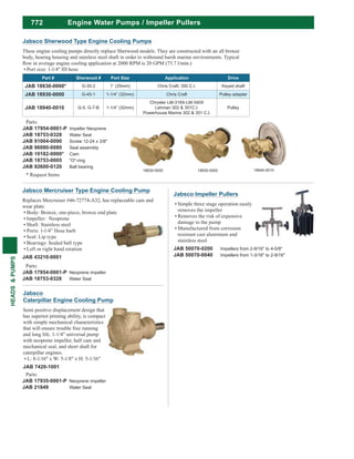 772
HEADS&PUMPS
Engine Water Pumps / Impeller Pullers
Jabsco Mercruiser Type Engine Cooling Pump
Replaces Mercruiser #46-72774-A32, has replaceable cam and
wear plate.
Body: Bronze, one-piece, bronze end plate
Impeller: Neoprene
Shaft: Stainless steel
Ports: 1-1/4” Hose barb
Seal: Lip type
Bearings: Sealed ball type
Left or right hand rotation
JAB 43210-0001
Parts:
JAB 17954-0001-P Neoprene impeller
JAB 18753-0328 Water Seal
18830-0000 18930-0000 18940-0010
Jabsco Sherwood Type Engine Cooling Pumps
These engine cooling pumps directly replace Sherwood models. They are constructed with an all bronze
body, bearing housing and stainless steel shaft in order to withstand harsh marine environments. Typical
Port size: 1-1/4" ID hose
Part # Sherwood # Port Size Application Drive
JAB 18830-0000* G-30-2 1” (25mm) Keyed shaft
JAB 18930-0000 G-45-1 1-1/4” (32mm) Chris Craft Pulley adapter
JAB 18940-0010 G-5, G-7-B 1-1/4” (32mm)
Chrysler LM-318X-LM-340X
Lehman 302 & 351C.I.
Powerhouse Marine 302 & 351 C.I.
Pulley
Parts:
JAB 17954-0001-P Impeller Neoprene
JAB 18753-0328 Water Seal
JAB 91004-0090 Screw 12-24 x 3/8"
JAB 96080-0080 Seal assembly
JAB 10182-0000* Cam
JAB 18753-0005 "O"-ring
JAB 92600-0120 Ball bearing
* Request Items
Jabsco
Caterpillar Engine Cooling Pump
Semi positive displacement design that
has superior priming ability, is compact
with simple mechanical characteristics
that will ensure trouble free running
and long life. 1-1/4" universal pump
with neoprene impeller, half cam and
mechanical seal, and short shaft for
caterpillar engines.
L: 8-1/16" x W: 5-1/8" x H: 5-1/16"
JAB 7420-1001
Parts:
JAB 17935-0001-P Neoprene impeller
JAB 21849 Water Seal
Jabsco Impeller Pullers
Simple three stage operation easily
removes the impeller
Removes the risk of expensive
damage to the pump
Manufactured from corrosion
resistant cast aluminum and
stainless steel
JAB 50070-0200 Impellers from 2-9/16" to 4-5/8"
JAB 50070-0040 Impellers from 1-3/16" to 2-9/16"
 