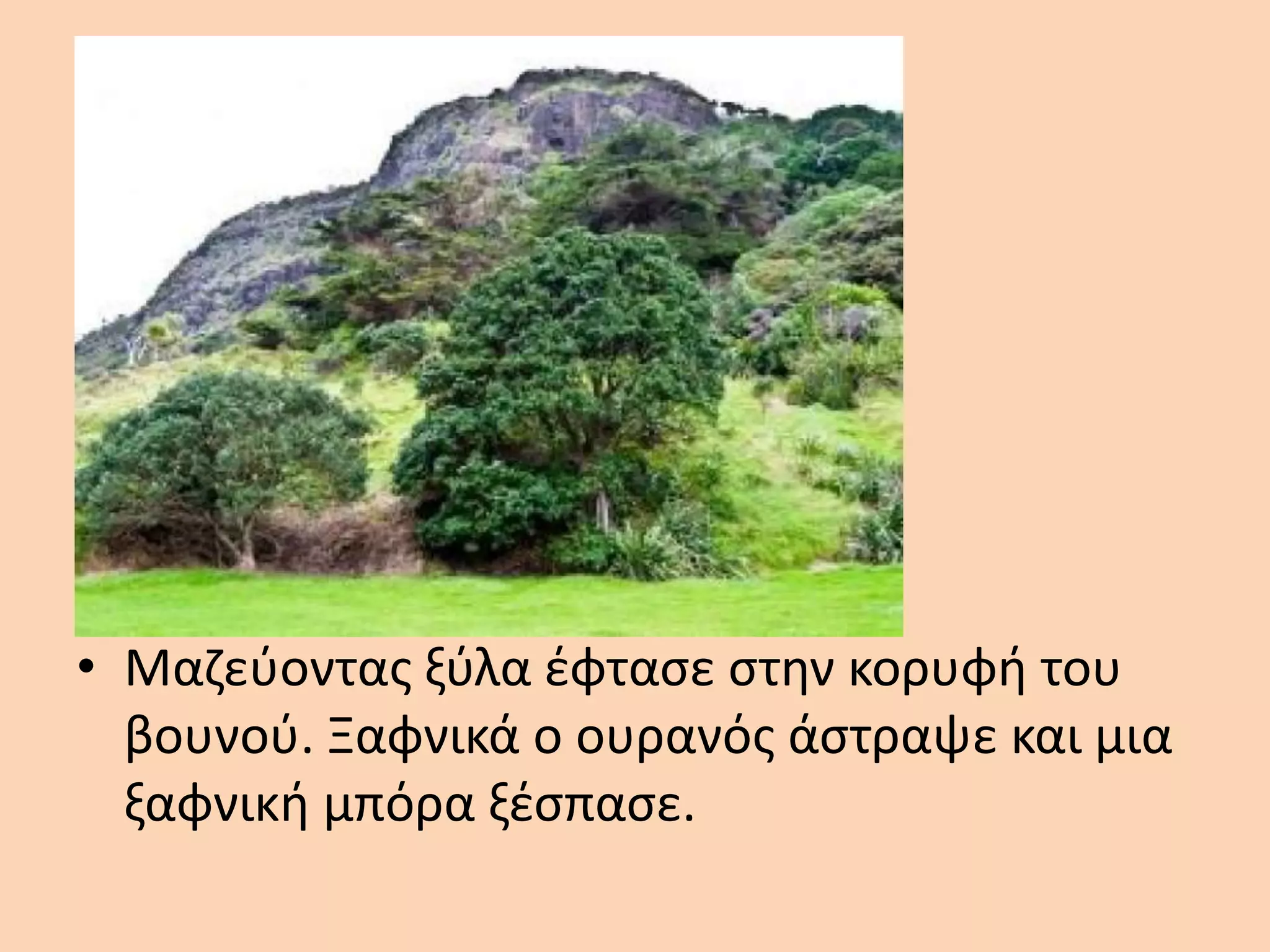 • Μαζεύοντας ξύλα έφτασε στην κορυφή του
βουνού. Ξαφνικά ο ουρανός άστραψε και μια
ξαφνική μπόρα ξέσπασε.
 