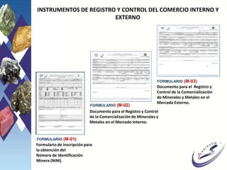 INSTRUMENTOS DE REGISTRO Y CONTROL DEL COMERCIO INTERNO Y
EXTERNO
FORMULARIO (M-02)
FORMULARIO (M-03)
FORMULARIO (M-01)
Formulario de inscripción para
la obtención del
Número de Identificación
Minera (NIM).
Documento para el Registro y Control
de la Comercialización de Minerales y
Metales en el Mercado Interno.
Documento para el Registro y
Control de la Comercialización
de Minerales y Metales en el
Mercado Externo.
 