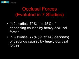 Occlusal Forces
(Evaluted in 7 Studies)
•  In 2 studies, 70% and 45% of
debonding caused by heavy occlusal
forces
•  In 5 studies, 22% (31 of 143 debonds)
of debonds caused by heavy occlusal
forces
 