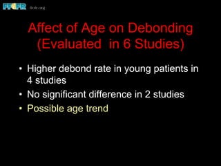Affect of Age on Debonding
(Evaluated in 6 Studies)
•  Higher debond rate in young patients in
4 studies
•  No significant difference in 2 studies
•  Possible age trend
 