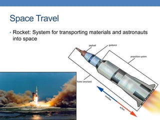 Space Travel
• Rocket: System for transporting materials and astronauts
into space
 