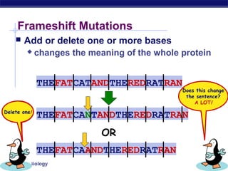 Regents Biology
Frameshift Mutations
 Add or delete one or more bases
 changes the meaning of the whole protein
THEFATCATANDTHEREDRATRAN
THEFATCANTANDTHEREDRATRAN
THEFATCAANDTHEREDRATRAN
OR
Add one!Delete one!
Does this change
the sentence?
A LOT!
 