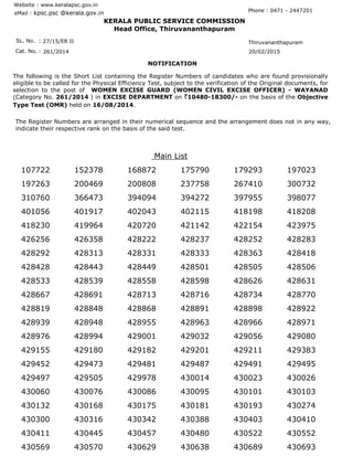 Website : www.keralapsc.gov.in
Phone : 0471 - 2447201
eMail : kpsc.psc @kerala.gov.in
KERALA PUBLIC SERVICE COMMISSION
Head Office, Thiruvananthapuram
SL. No. 27/15/ER II
Cat. No. 261/2014 20/02/2015
NOTIFICATION
The following is the Short List containing the Register Numbers of candidates who are found provisionally
eligible to be called for the Physical Efficiency Test, subject to the verification of the Original documents, for
selection to the post of WOMEN EXCISE GUARD (WOMEN CIVIL EXCISE OFFICER) - WAYANAD
(Category No. 261/2014 ) in EXCISE DEPARTMENT on `10480-18300/- on the basis of the Objective
Type Test (OMR) held on 16/08/2014.
The Register Numbers are arranged in their numerical sequence and the arrangement does not in any way,
indicate their respective rank on the basis of the said test.
:
:
Thiruvananthapuram
Main List
107722 152378 168872 175790 179293 197023
197263 200469 200808 237758 267410 300732
310760 366473 394094 394272 397955 398077
401056 401917 402043 402115 418198 418208
418230 419964 420720 421142 422154 423975
426256 426358 428222 428237 428252 428283
428292 428313 428331 428333 428363 428418
428428 428443 428449 428501 428505 428506
428533 428539 428558 428598 428626 428631
428667 428691 428713 428716 428734 428770
428819 428848 428868 428891 428898 428922
428939 428948 428955 428963 428966 428971
428976 428994 429001 429032 429056 429080
429155 429180 429182 429201 429211 429383
429452 429473 429481 429487 429491 429495
429497 429505 429978 430014 430023 430026
430060 430076 430086 430095 430101 430103
430132 430168 430175 430181 430193 430274
430300 430316 430342 430388 430403 430410
430411 430445 430457 430480 430522 430552
430569 430570 430629 430638 430689 430693
 