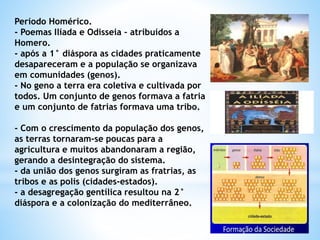 Período Homérico.
- Poemas Ilíada e Odisseia – atribuídos a
Homero.
- após a 1° diáspora as cidades praticamente
desapareceram e a população se organizava
em comunidades (genos).
- No geno a terra era coletiva e cultivada por
todos. Um conjunto de genos formava a fatria
e um conjunto de fatrias formava uma tribo.
- Com o crescimento da população dos genos,
as terras tornaram-se poucas para a
agricultura e muitos abandonaram a região,
gerando a desintegração do sistema.
- da união dos genos surgiram as fratrias, as
tribos e as polis (cidades-estados).
- a desagregação gentílica resultou na 2°
diáspora e a colonização do mediterrâneo.
 