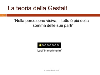La teoria della Gestalt
3
“Nella percezione visiva, il tutto è più della
somma delle sue parti”
Luci “in movimento”
R.Polillo - Aprile 2015
 