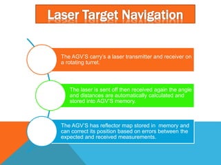 The AGV’S carry’s a laser transmitter and receiver on
a rotating turret.
The laser is sent off then received again the angle
and distances are automatically calculated and
stored into AGV’S memory.
The AGV’S has reflector map stored in memory and
can correct its position based on errors between the
expected and received measurements.
 