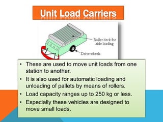 • These are used to move unit loads from one
station to another.
• It is also used for automatic loading and
unloading of pallets by means of rollers.
• Load capacity ranges up to 250 kg or less.
• Especially these vehicles are designed to
move small loads.
 