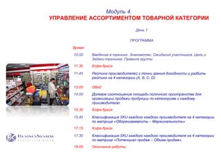 День 1
ПРОГРАММА
Время
10.00 Введение в тренинг: Знакомство. Ожидания участников. Цель и
Задачи тренинга. Правила группы
11.30 Кофе-брейк
11.45 Рейтинг производителей с точки зрения доходности и разбить
рейтинг на 4 категории (A, B, C, D)
13.00 Обед
14.00 Долевое соотношение площади полочного пространства для
организации продажи продукции по категориям и каждому
производителю
15.30 Кофе-брейк
15.45 Классификация SKU каждого каждого производителя на 4 категории
по матрице «Оборачиваемость – Маржинальность»
17.15 Кофе-брейк
17.30 Классификация SKU каждого каждого производителя на 4 категории
по матрице «Потенциал продаж – Объем продаж»
19.00 Окончание работы
Модуль 4.
УПРАВЛЕНИЕ АССОРТИМЕНТОМ ТОВАРНОЙ КАТЕГОРИИ
 
