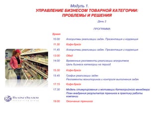 День 2
ПРОГРАММА
Время
10.00 Алгоритмы реализации задач. Презентация и коррекция
11.30 Кофе-брейк
11.45 Алгоритмы реализации задач. Презентация и коррекция
13.00 Обед
14.00 Временные регламенты реализации алгоритмов
Цель бизнеса категории на период
15.30 Кофе-брейк
15.45 График реализации задач
Регламенты мониторинга и контроля выполнения задач
17.15 Кофе-брейк
17.30 Модель стимулирования и мотивации Категорийного менеджера
План внедрения результатов тренинга в практику работы
компании
19.00 Окончание тренинга
Модуль 1.
УПРАВЛЕНИЕ БИЗНЕСОМ ТОВАРНОЙ КАТЕГОРИИ:
ПРОБЛЕМЫ И РЕШЕНИЯ
 