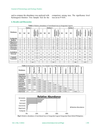 Journal of Entomology and Zoology Studies
Vol. 1 No. 3 2013 www.entomoljournal.comPage | 49
and to compare the abundance was analyzed with
Kolmogorov-Smirnov Two Sample Test for the
comparison among taxa. The significance level
was set at P<0.05.
6. Results and Discussion
Table 1: Relative abundance of meiofaunal taxa in Songculan Lagoon
Meiofauna
Station 1 Station 2 Station 3
R1 R2 R3
Abundance
Relative
Abundance
(%)
R1 R2 R3
Abundance
Relative
Abundance
(%)
R1 R2 R3
Abundance
Relaive
Abundance
(%)
Abundance
Relative
Abundance
(%)
Tardigrada 1 0 0 1 0% 7 0 0 7 1% 0 0 0 0 0% 8 0%
Rotifera 0 0 0 0 0% 0 0 0 0 0% 9 2 2 13 3% 13 1%
Oligochaeta 0 0 0 0 0% 11 0 8 19 3% 0 0 0 0 0% 19 1%
Polychaeta 4 1 0 5 1% 0 0 0 0 0% 0 10 6 16 4% 21 1%
Gastroticha 0 0 0 0 0% 0 0 0 0 0% 0 12 10 22 5% 22 1%
Flatworms 0 0 0 0 0% 24 8 8 40 7% 0 0 0 0 0% 40 2%
Gastropod 2 0 1 3 0% 15 2 9 26 5% 47 56 50 153 38% 182 11%
Turbellaria
84 87 70 241
36
%
0 0 0 0 0% 0 0 0 0 0% 241 15%
Ostracod
79 72 20 171
26
%
30 8 49 87 15% 0 0 0 0 0% 258 16%
Copepod 0 0 0 0 0% 62 101 111 274 48% 1 5 2 8 2% 282 17%
Nematodes
92 76 74 242
37
%
40 42 34 116 20% 43 75 76 194 48% 552 34%
663 569 406 1638
Table 2: Kolmogorov-Smirnov Two Sample Test of Meiofaunal taxa in Songculan Lagoon
Meiofauna
Nematodes
Oligochaet
a
Tardigrad
a
Copepod
Ostracod
Gastropod
Polychaeta
Rotifera
Gastrotich
a
Turbellari
a
Flatworms
Nematodes 1
Oligochaeta 0 1
Tardigrada 0 0.966 1
Copepod 0.028 0.307 0.307 1
Ostracod 0.028 0.111 0.028 0.662 1
Gastropod 0.028 0.028 0.028 0.662 0.966 1
Polychaeta 0 0.966 0.966 0.662 0.111 0.307 1
Rotifera 0 1 0.966 0.662 0.111 0.111 0.966 1
Gastroticha 0 1 0.966 0.307 0.111 0.028 0.966 0.966 1
Turbellaria 0.028 0.662 0.662 0.662 0.662 0.111 0.662 0.662 0.662 1
Flatworms 0 1 0.662 0.662 0.307 0.111 0.966 0.966 1 0.662 1
Fig 2: Relative abundance of meiofaunal taxa in Songculan Lagoon Songculan Dauis Bohol Philippines.
0% 10% 20% 30% 40%
Tardigrada
Oligochaeta
Gastroticha
Gastropod
Ostracod
Nematodes
Relative Abundance
Relative Abundance
 