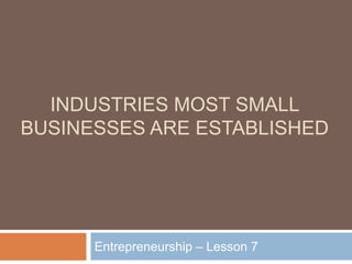 INDUSTRIES MOST SMALL
BUSINESSES ARE ESTABLISHED
Entrepreneurship – Lesson 7
 
