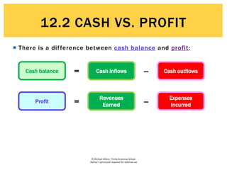 © Michael Allison, Trinity Grammar School.
Author’s permission required for external use
 There is a difference between cash balance and profit:
Cash balance = Cash inflows -- Cash outflows
Profit =
Revenues
Earned --
Expenses
Incurred
12.2 CASH VS. PROFIT
 
