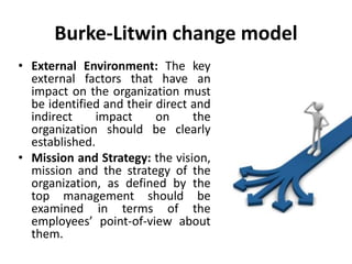 Burke-Litwin change model
• Structure: The study of
structure should not be
confined to hierarchical
structure; rather it ...