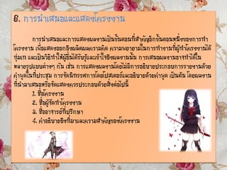 6. การนาเสนอและแสดงโครงงาน
การนาเสนอและการแสดงผลงานเป็นขั้นตอนที่สาคัญอีกขั้นตอนหนึ่งของการทา
โครงงาน เพื่อแสดงออกถึงผลิตผลความคิด ความพยายามในการทางานที่ผู้ทาโครงงานได้
ทุ่มเท และเป็นวิธีทาให้ผู้อื่นได้รับรู้และเข้าใจถึงผลงานนั้น การเสนอผลงานอาจทาได้ใน
หลายรูปแบบต่างๆ กัน เช่น การแสดงผลงานโดยไม่มีการอธิบายประกอบการรายงานด้วย
คาพูดในที่ประชุม การจัดนิทรรศการโดยโปสเตอร์และอธิบายด้วยคาพูด เป็นต้น โดยผลงาน
ที่นามาเสนอหรือจัดแสดงควรประกอบด้วยสิ่งต่อไปนี้
1. ชื่อโครงงาน
2. ชื่อผู้จัดทาโครงงาน
3. ชื่ออาจารย์ที่ปรึกษา
4. คาอธิบายถึงที่มาและความสาคัญของโครงงาน
 