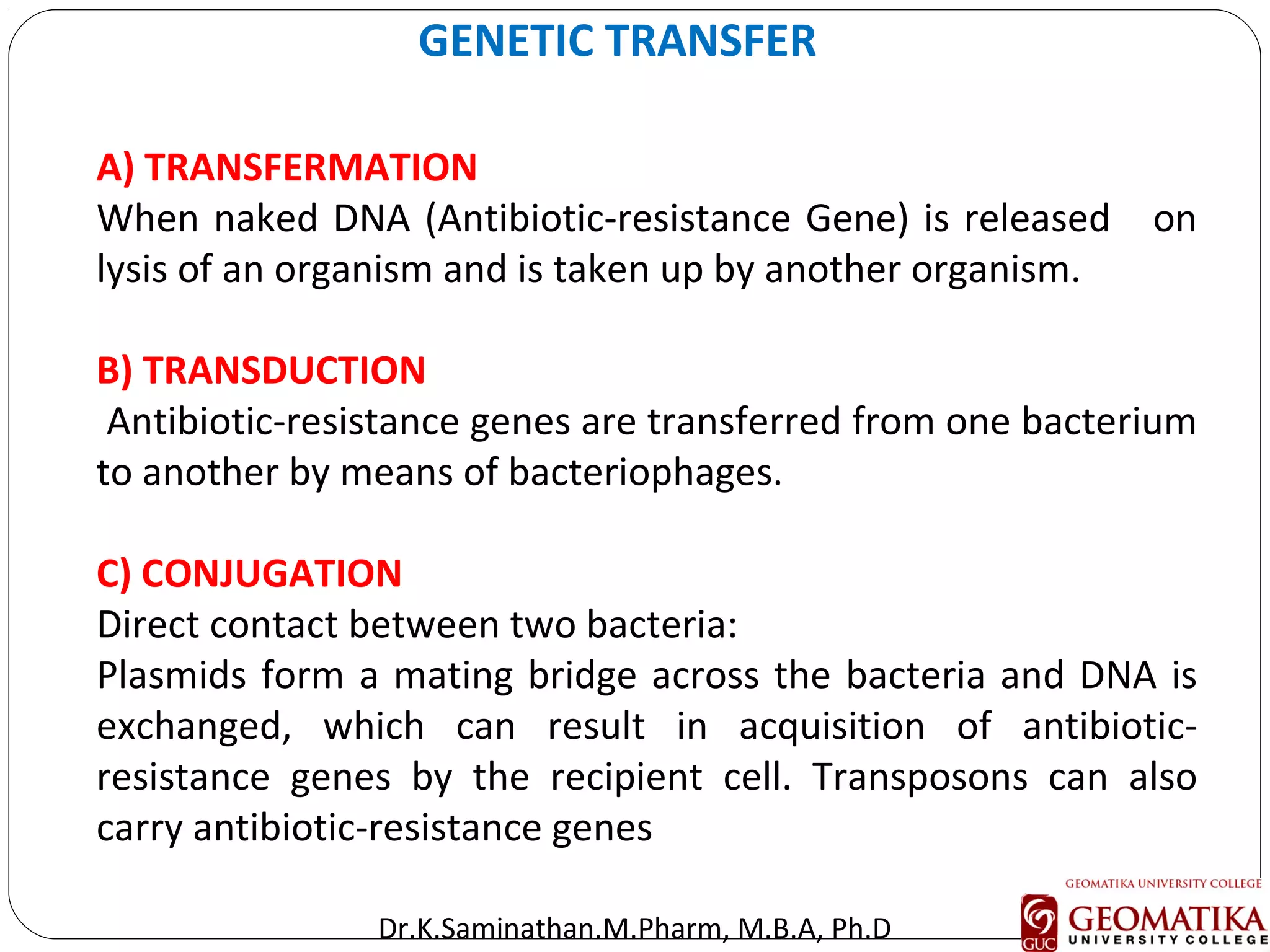 5
A) TRANSFERMATION
When naked DNA (Antibiotic-resistance Gene) is released on
lysis of an organism and is taken up by another organism.
B) TRANSDUCTION
Antibiotic-resistance genes are transferred from one bacterium
to another by means of bacteriophages.
C) CONJUGATION
Direct contact between two bacteria:
Plasmids form a mating bridge across the bacteria and DNA is
exchanged, which can result in acquisition of antibiotic-
resistance genes by the recipient cell. Transposons can also
carry antibiotic-resistance genes
GENETIC TRANSFER
Dr.K.Saminathan.M.Pharm, M.B.A, Ph.D
 