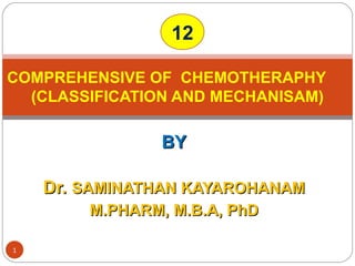 BYBY
Dr.Dr. SAMINATHAN KAYAROHANAMSAMINATHAN KAYAROHANAM
M.PHARM, M.B.A, PhDM.PHARM, M.B.A, PhD
COMPREHENSIVE OF CHEMOTHERAPHY
(CLASSIFICATION AND MECHANISAM)
1
12
 