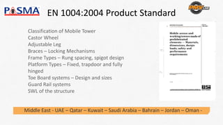 EN 1004:2004 Product Standard 
Middle East ‐ UAE – Qatar – Kuwait – Saudi Arabia – Bahrain – Jordan – Oman ‐
Classification of Mobile Tower
Castor Wheel
Adjustable Leg
Braces – Locking Mechanisms
Frame Types – Rung spacing, spigot design
Platform Types – Fixed, trapdoor and fully 
hinged
Toe Board systems – Design and sizes
Guard Rail systems
SWL of the structure
 